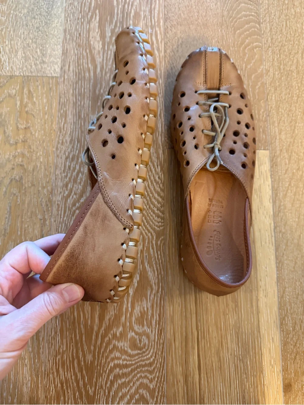 Spring Step Tan Perforated Leather Lace-Up Loafers used